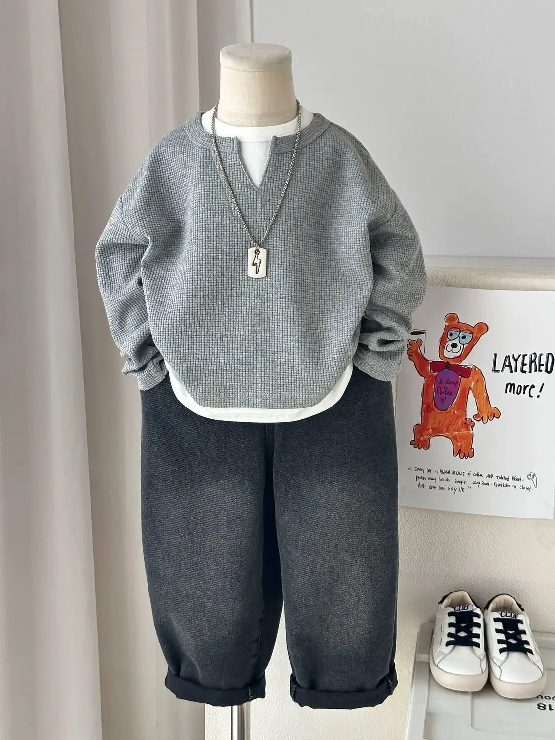 Kids Boys Waffle Grid Long Sleeved V-neck T-shirt Spring Autumn 2026 Pullover Cotton Hoodie Kids Handsome Fake Two Items Tops