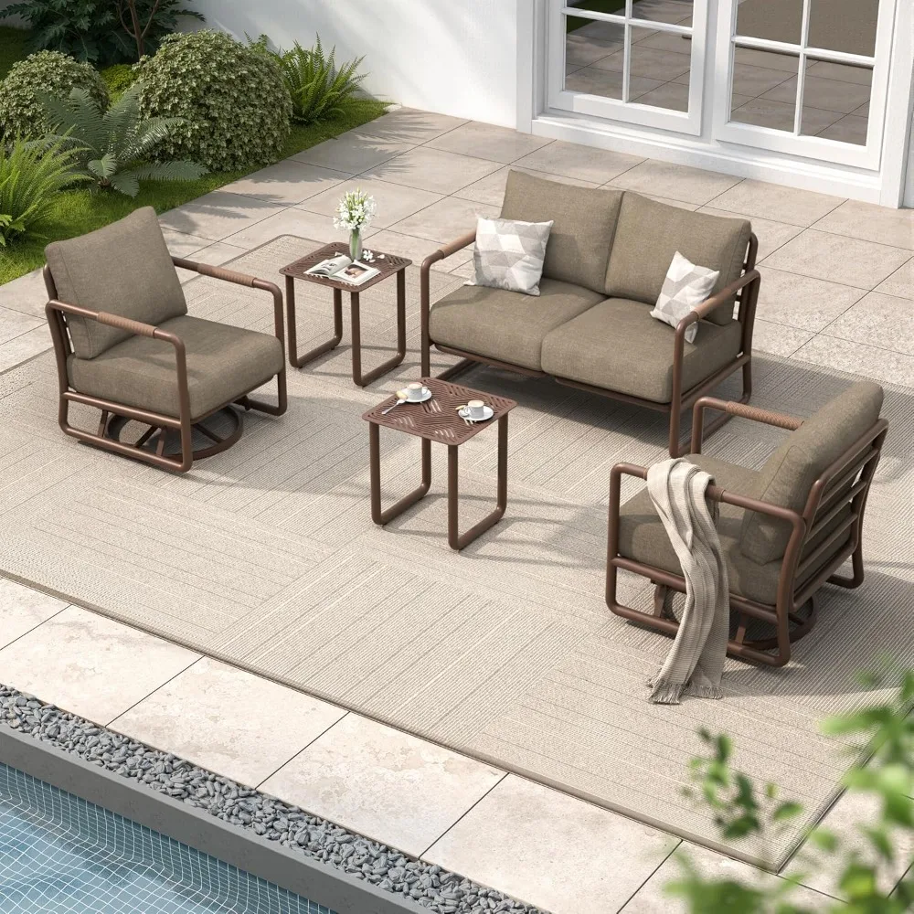 

Outdoor Aluminum Patio Furniture Set, 4-Seats Patio Conversation Sofa Set with 2 Coffee Tables and 2 Swivel Rocking Chairs,