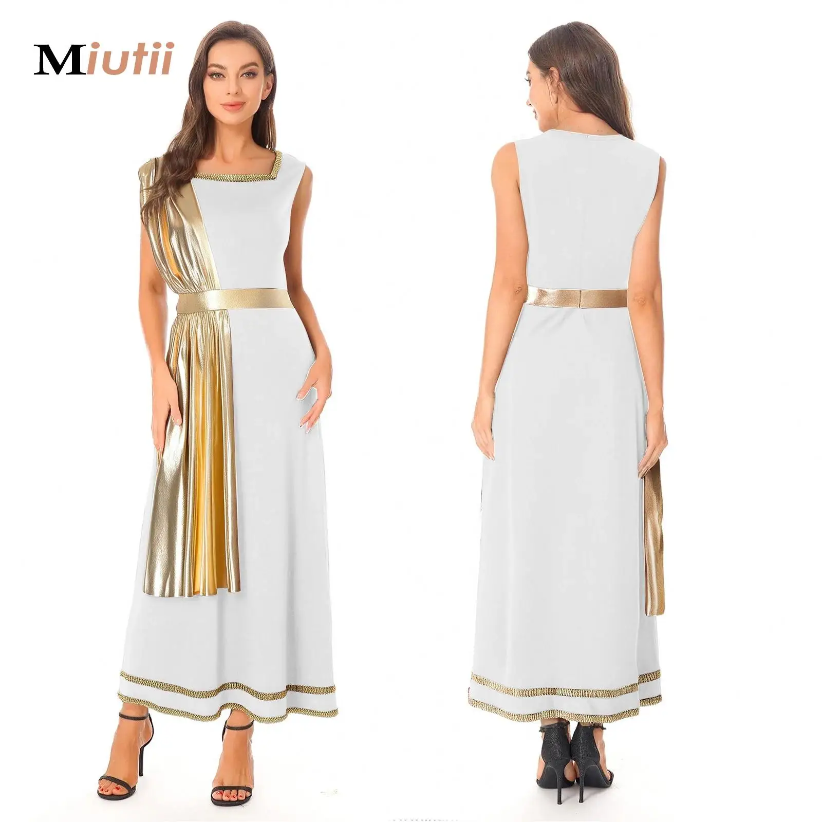 

Women Halloween Ancient Greek Athena Goddesses Princess Queen Cosplay Costume Roman Toga Tunic Dress Metallic Shiny Drape Robe