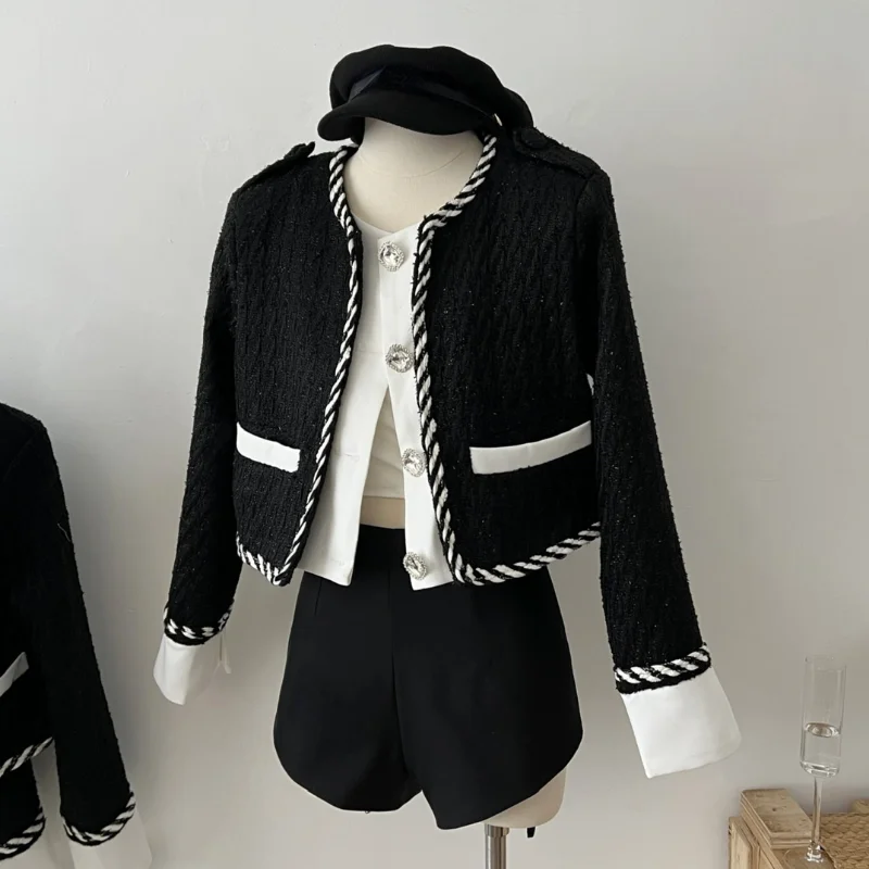 

Small Fragrance O Neck Tweed Short Jacket Female French Stitching Vintage Chic Sweet Fashion Long Sleeve Black Women Coat Autumn