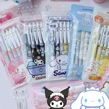 Sanrio catscolジェルペンセット、hello kitty kuromiブラックペン、学用品、アニメ漫画、学生文房具ギフト、0.5mm、6個