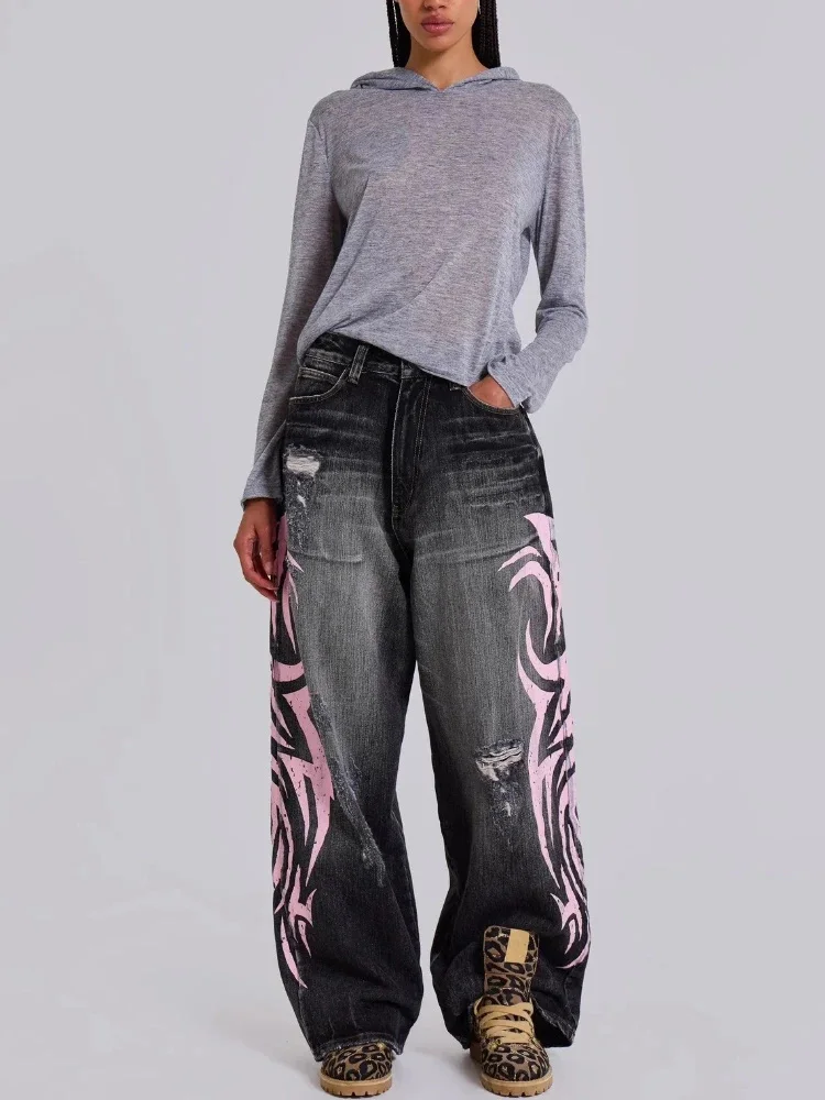 High Street-pantalones vaqueros negros Retro con estampado de tótem moteado, Vaqueros holgados lavados, moda Y2K Street Hip Hop, pantalones de pierna ancha rectos americanos