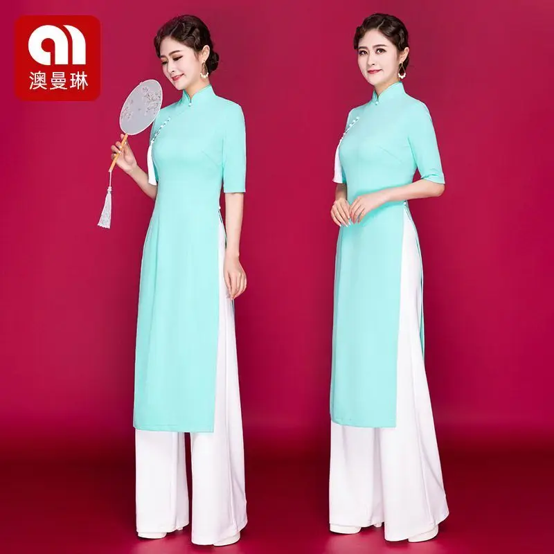 

Catwalk cheongsam long dress improved Vietnam Audrey Ao Dai qipao cheongsam dress dance dress