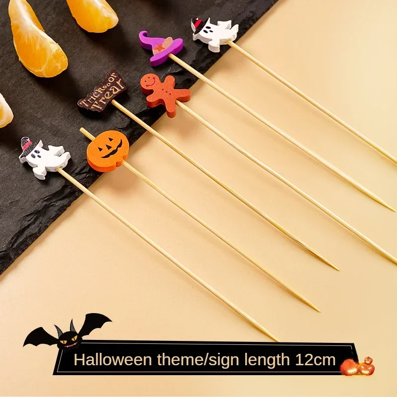 200/100Pc Halloween Disposable Bamboo Skewers Pumpkin Ghost Fruit Fork Buffet Dessert Cocktail Bamboo Stick Halloween Decoration