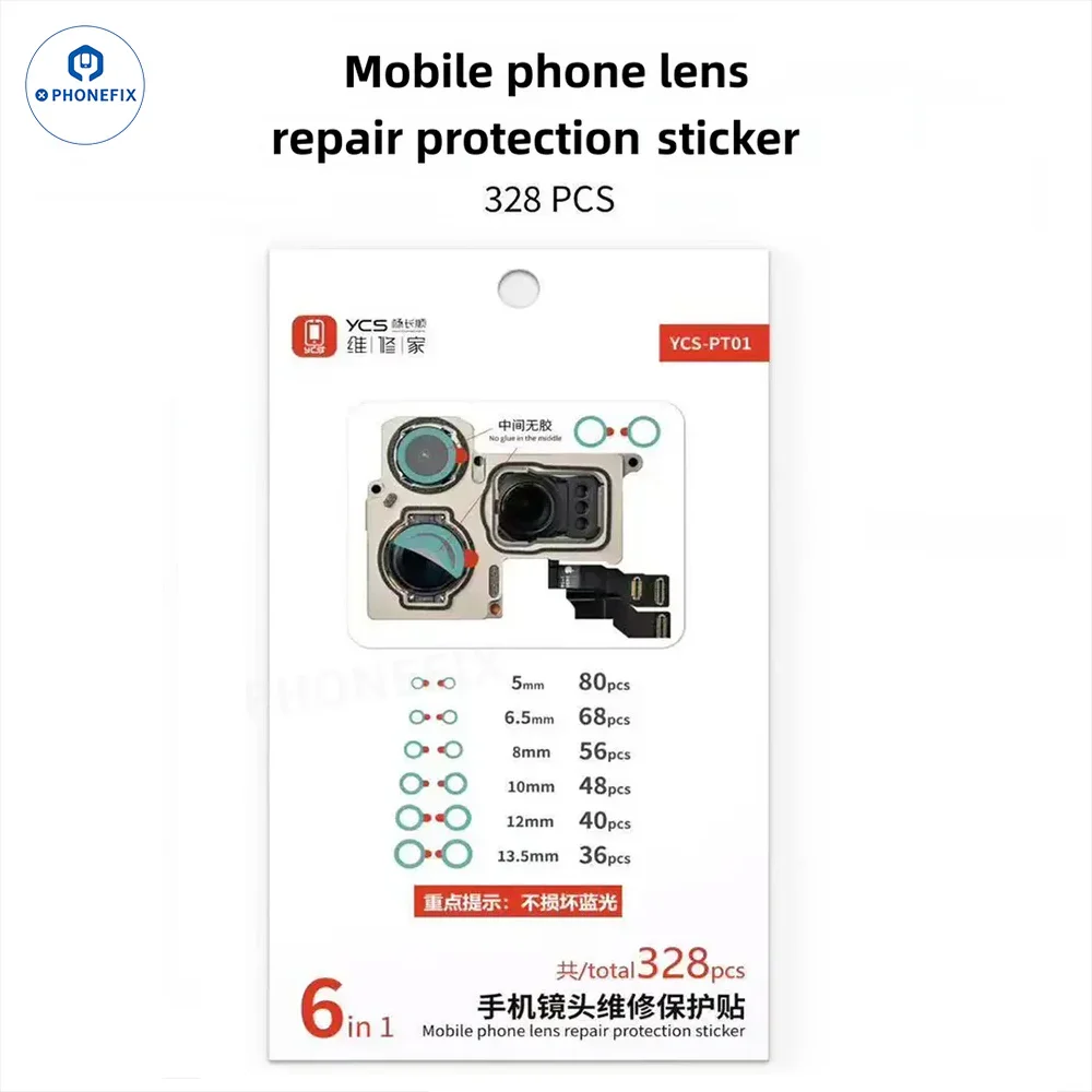 YCS 6in1 328pcs Mobile Phone Camera Lens Repair Protection Stickers for iPhone Camera Lens Infrared Face ID Module Protect