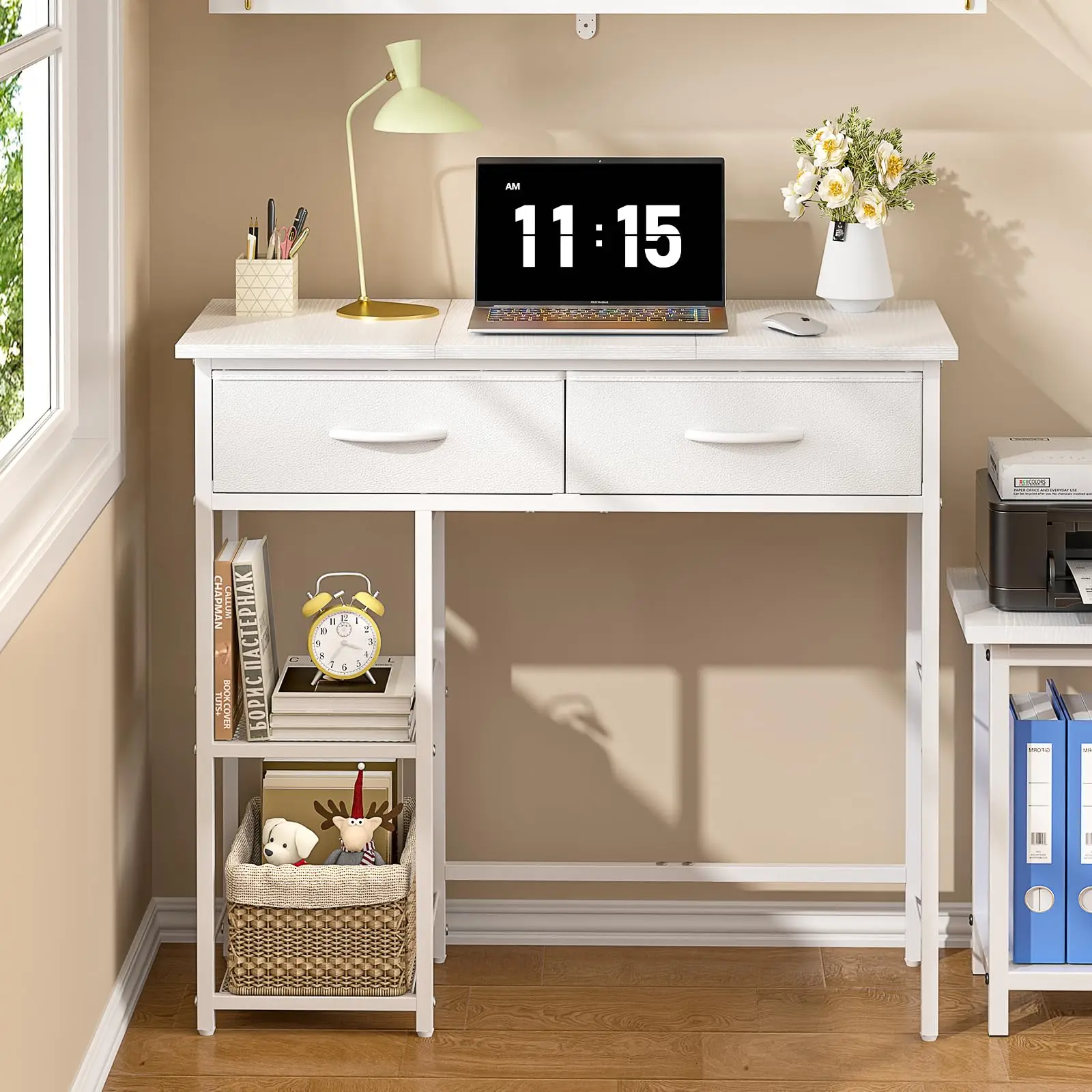 

Compact White Computer Desk With 2 Drawers And Storage Shelf For Home Office Bedroom
