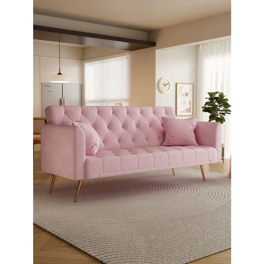 

71 inch convertible love seat sofa American retro pink velvet suitable for small living room bedroom office