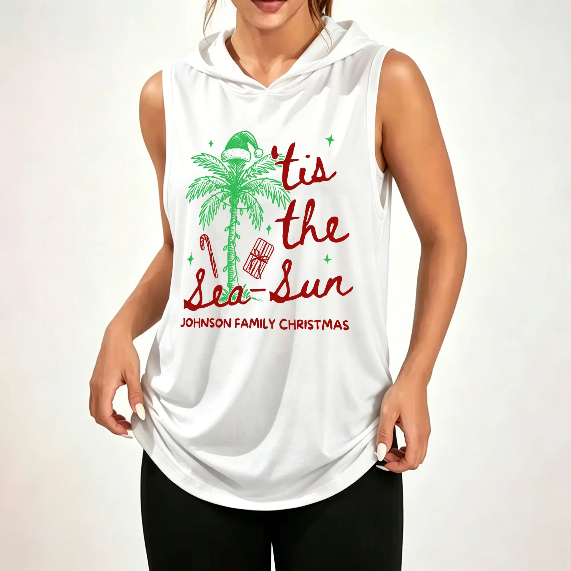 Women Sleeveless Hooded Tank Top Tropical Christmas Palm Tree Santa Hat 