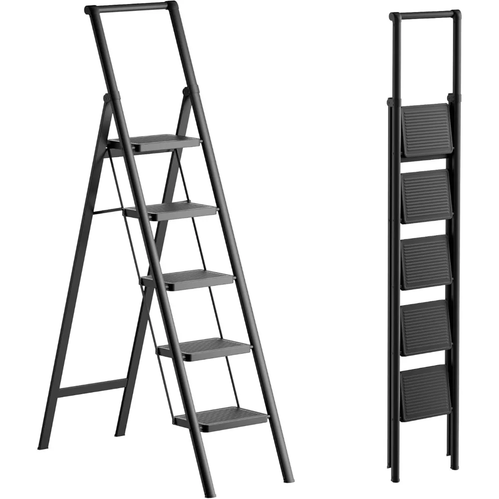 سلم 5 درجات قابل للطي مع دواسة مضادة للانزلاق وواسعة للاستخدام المنزلي والمطبخ لتوفير المساحة (أسود)