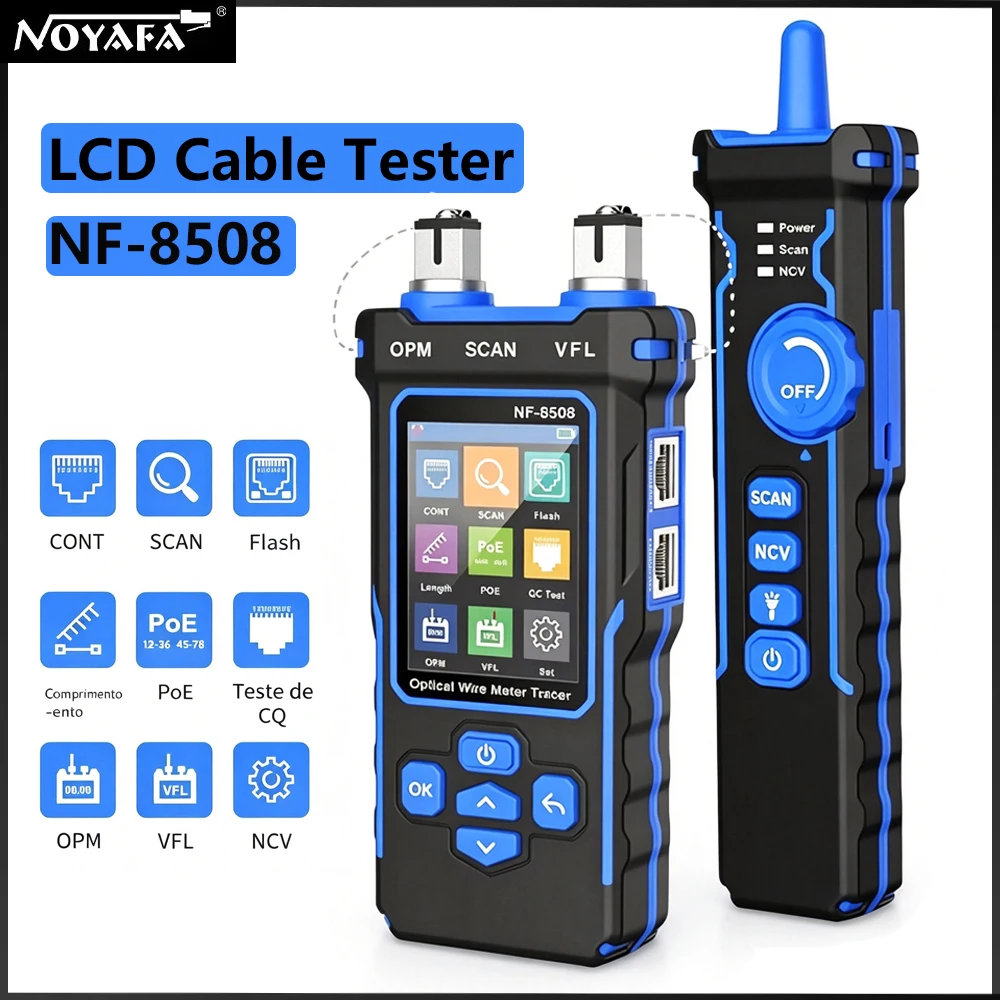 NOYAFA NF-8508 LCD Cable Tester Measure Length Wiremap PoE Testing VFL&OPM CAT5 CAT6 RJ45 Tester Cable Locator Inspection Tools