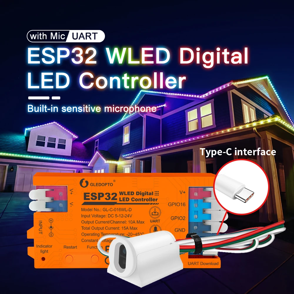 GLEDOPTO ESP32 WLED LED Controller Built in Microphone DIY Dynamic Mode UART Type-C Download Easy Wiring App Control Alexa Voice