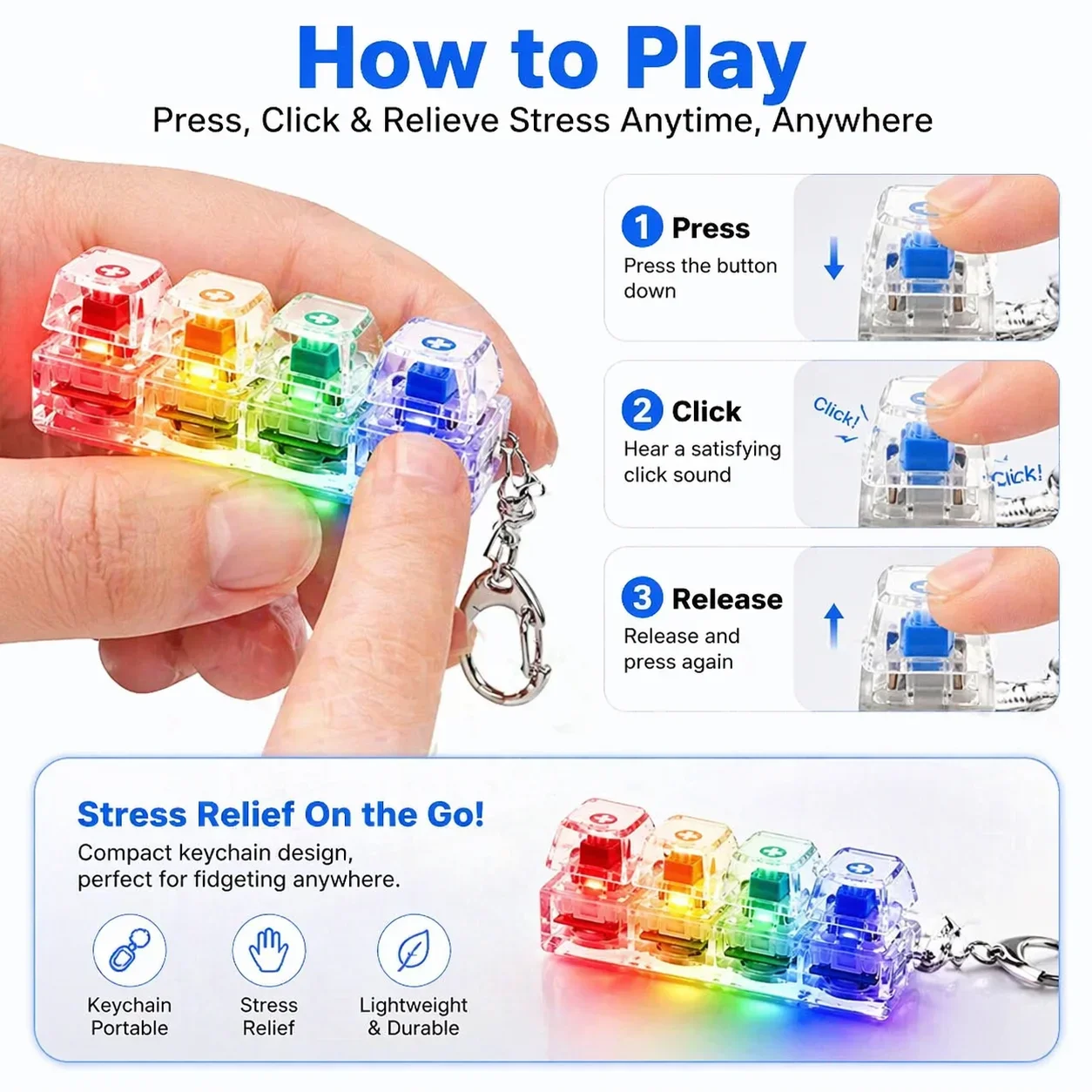 LED Keyboard Keychain Fidget Toys 4 Keys Keyboard Keycaps Fidget Toy Party Stress Relief Keyboard Cap