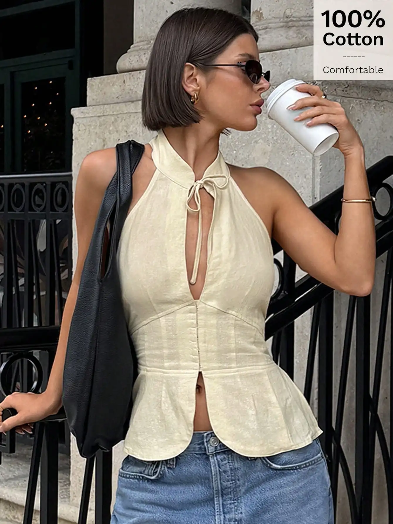 

Женский топ без рукавов из 100% хлопка с воротником-халтер, бантом и оборками, стильный летний повседневный жилет