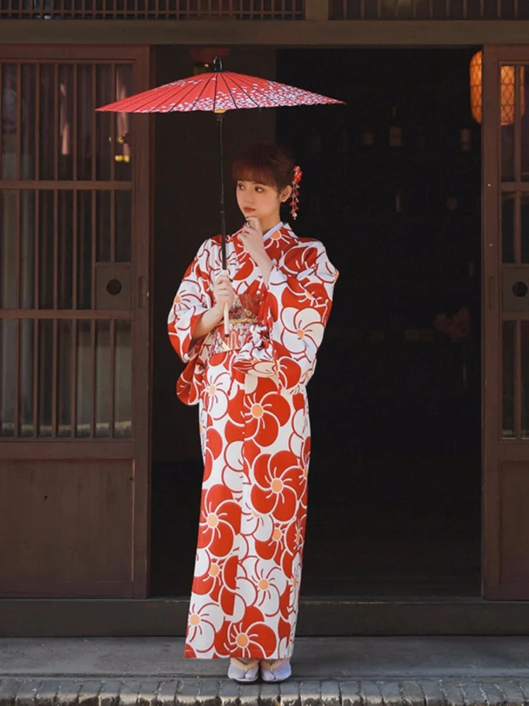 Japanese Traditional Women's Kimono Red Color Formal Yukata Cosplay Wear Retro Style Photography Long Dress