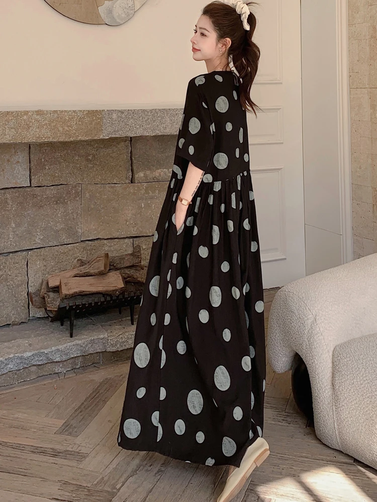 NYFS 2025 فستان نسائي صيفي عتيق فضفاض مقاس كبير بأكمام قصيرة وطباعة نقط فستان طويل رداء Elbise #4