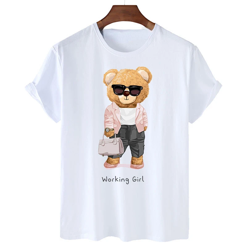 Cute Teddy Bear Print Shirt Short Sleeve O Neck Loose Tshirt Women Summer T shirt Men and Women Streetwear Cartoon Fashion Tee