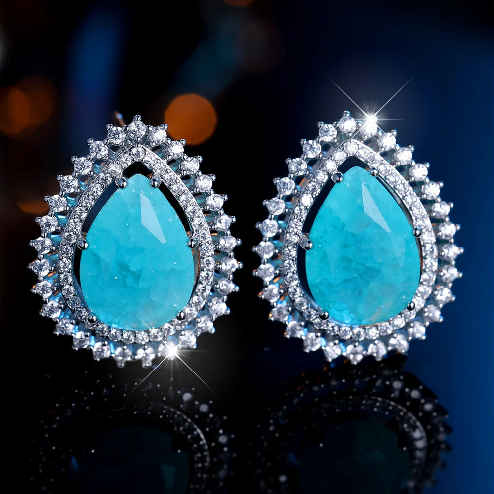 

Cute Female Big Water Drop Stone Stud Earrings Vintage Silver Color Zircon Wedding Jewelry For Women