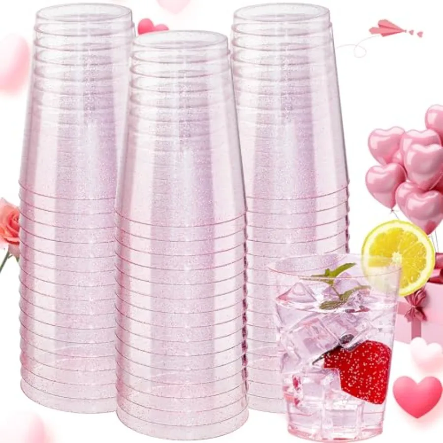 

100 Pack 10oz Pink Plastic Cups, Premium Disposable Rose Gold Glitter Plastic Cups for Martini and Cocktail, Disposable Cup wit