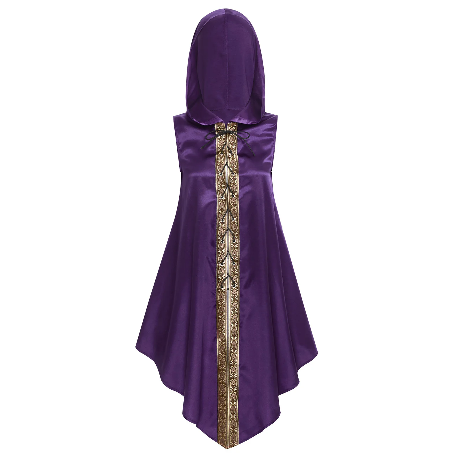

Womens Mens Unisex Medieval Hooded Cloak Sleeveless Front Lace-up with Retro Trim Irregular Hem Satin Cape Gothic Punk Robe