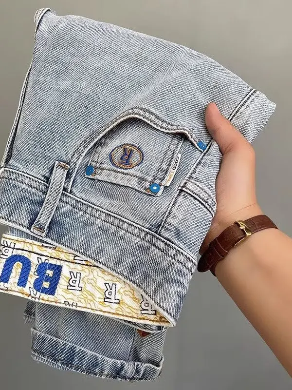 Light Blue Embroidered Slim Fit Jeans Men's Summer New Style Nine Points Washed Vintage High End Casual Pants