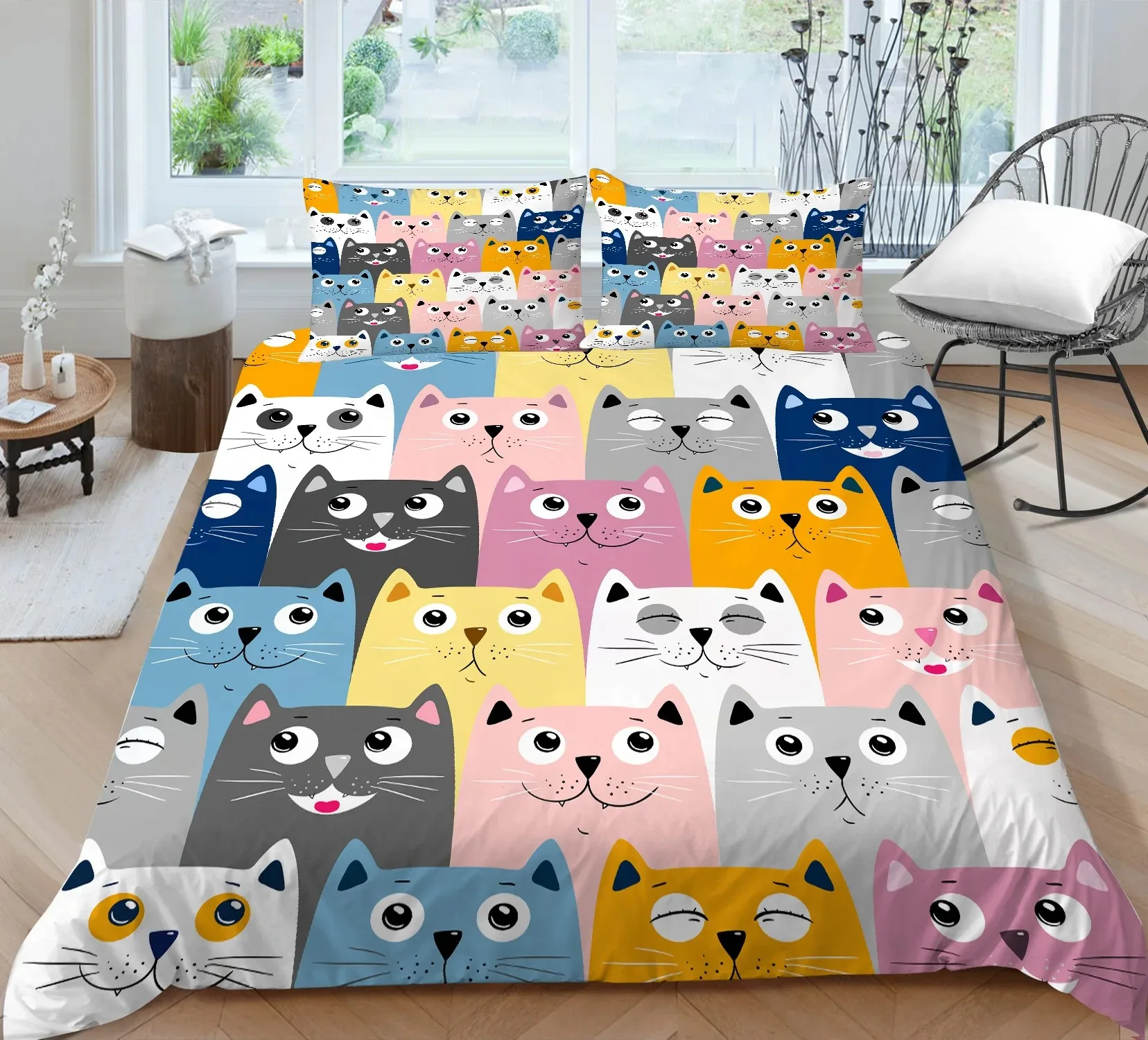 Cat Duvet Cover KingQueen Size Colorful Lovely Cartoon Kitty Polyester Comforter Cover for Kids Girls Boys Orange Bedding Set