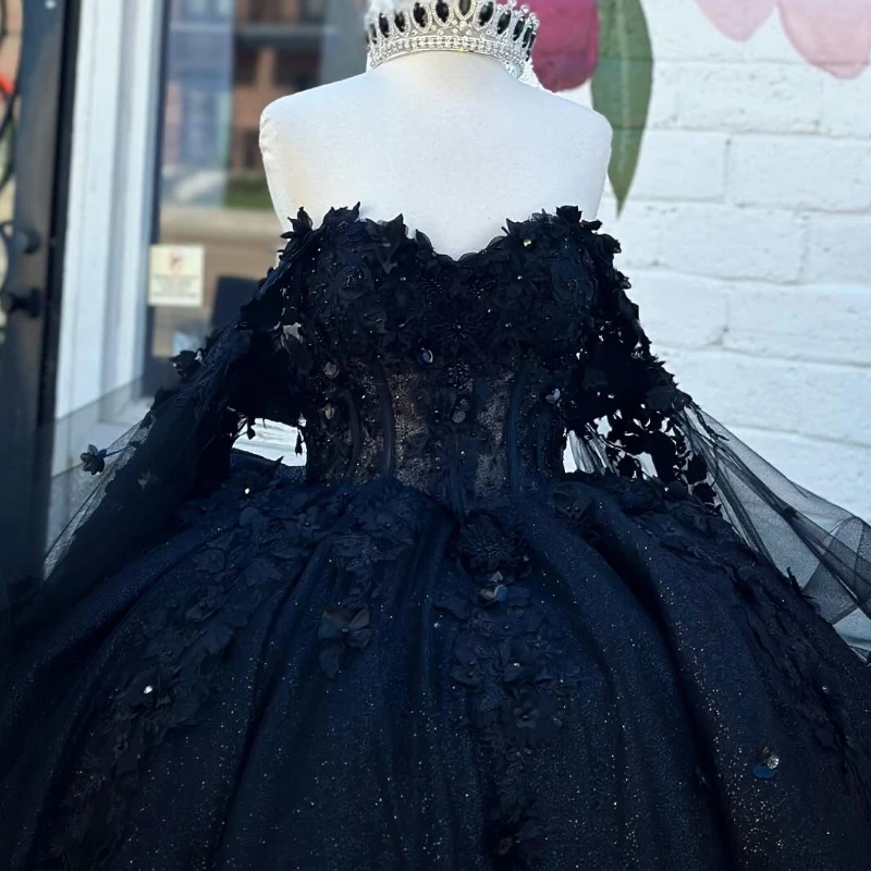 Black Shiny Quinceanera Dress Ball Gown Off The Shoulder Lace Applique Beaded Crystal Bow Tull Corset Sweet 16 Vestidos De 15