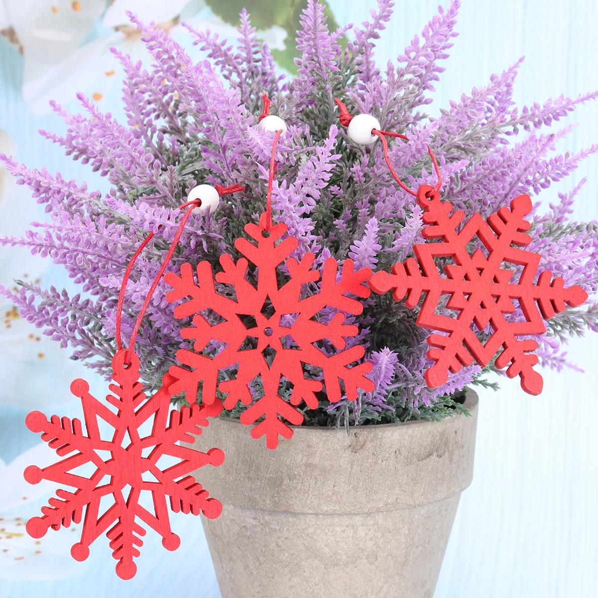12 Pcs Red Christmas Tree Decorations Small Wood Snowflakes Pendants Ornaments Hanging