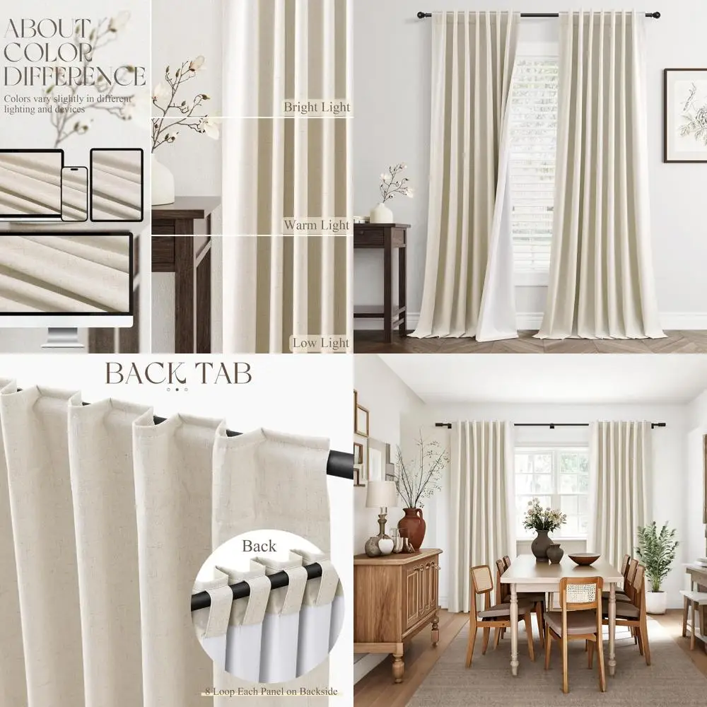 

90-Inch Linen Blackout Curtains, 2-Panel Set for Living Room/Bedroom, Thermal Insulated, 100% Blockout, Back Tab Design