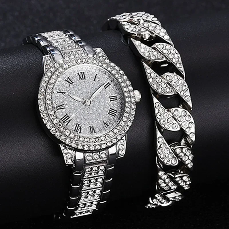 2PCS Luxury Quartz Wristwatches Alloy Full Diamond Rhinestone Mirror Men's Quartz Watch with Calendar and Hip Hop Bracelet Set