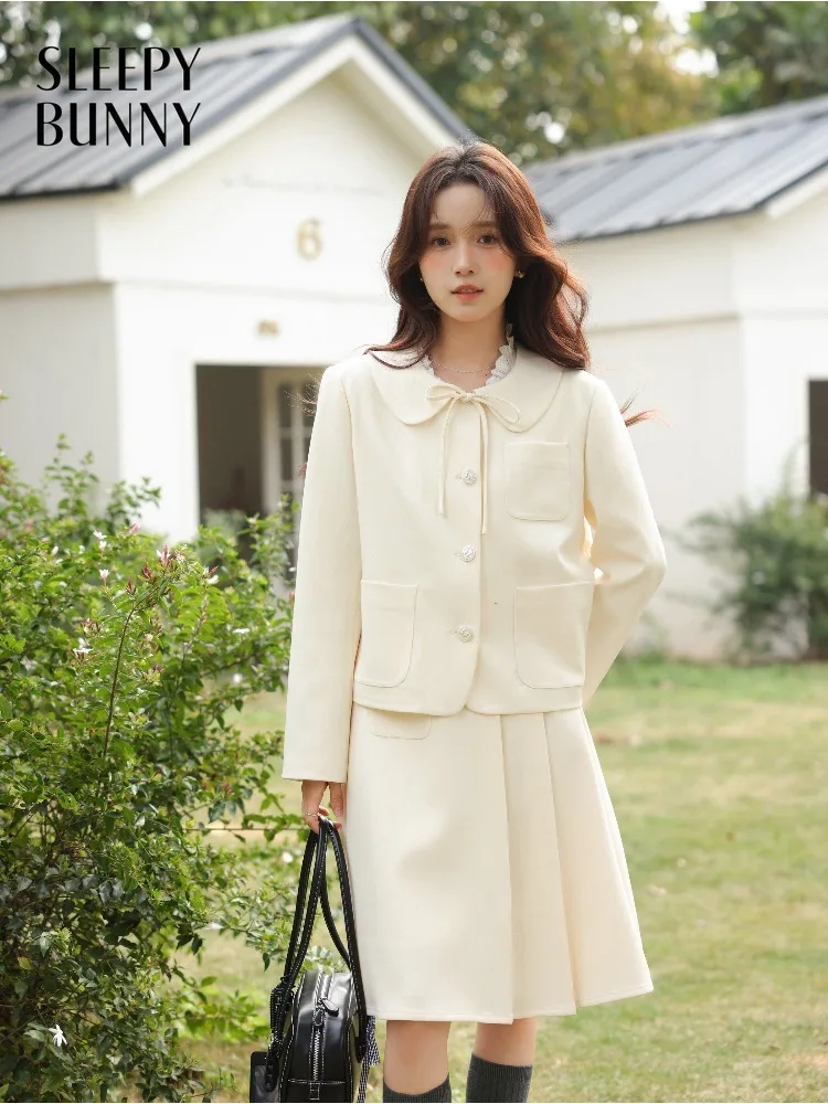 Conjunto de falda y chaqueta con cuello de muñeca Preppy para mujer, chaqueta acampanada juvenil con minifalda de cintura alta, traje diario de primavera elegante y pequeño