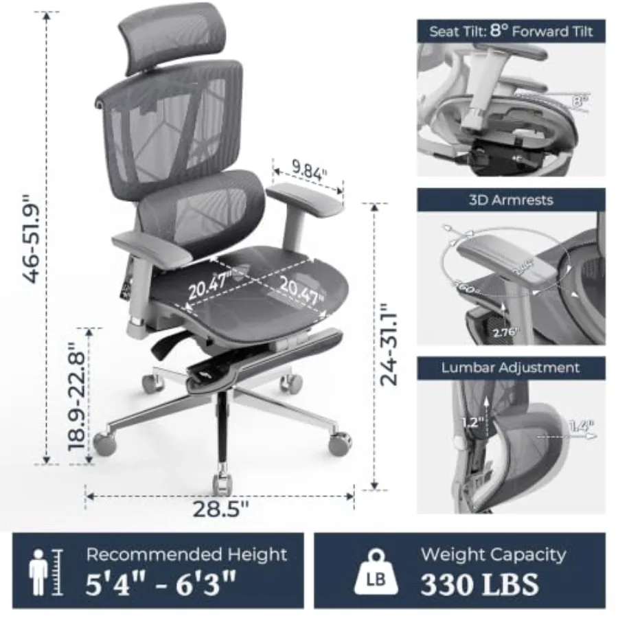 Home office ergonomic mesh office chair with dynamic lumbar support, black breathable mesh, 330lb capacity, forward tilt seat a