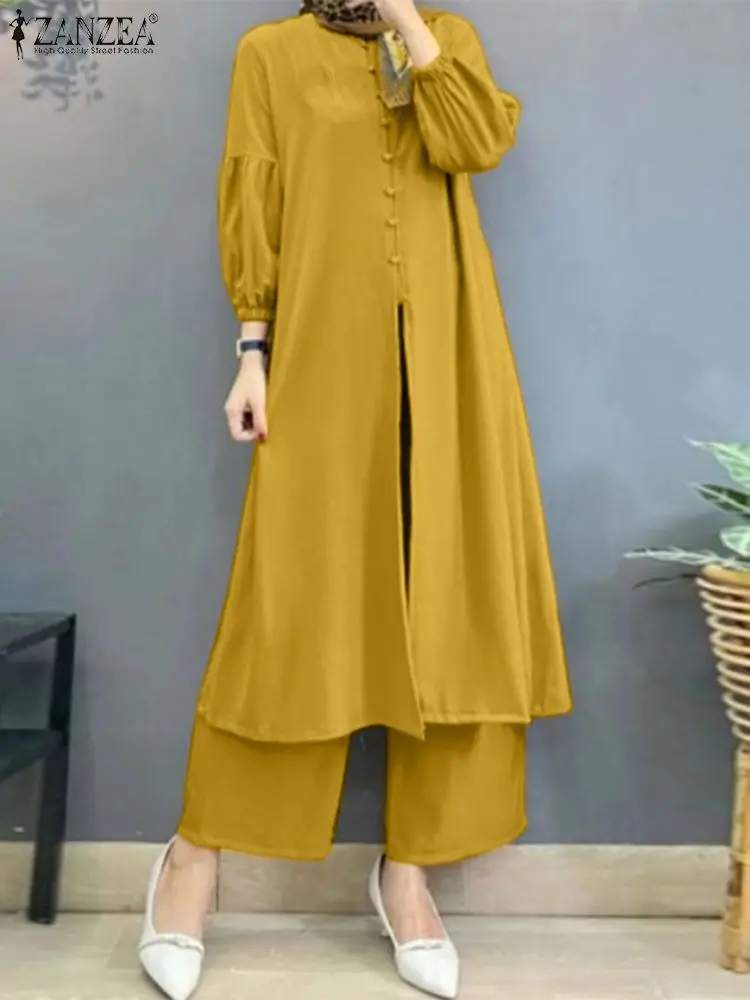 

2PCS Summer Outifits ZANZEA Fashion Wide Leg Pant Sets Women Casual Long Shirt Muslim Matching Sets Solid Loose Islamic Clothing