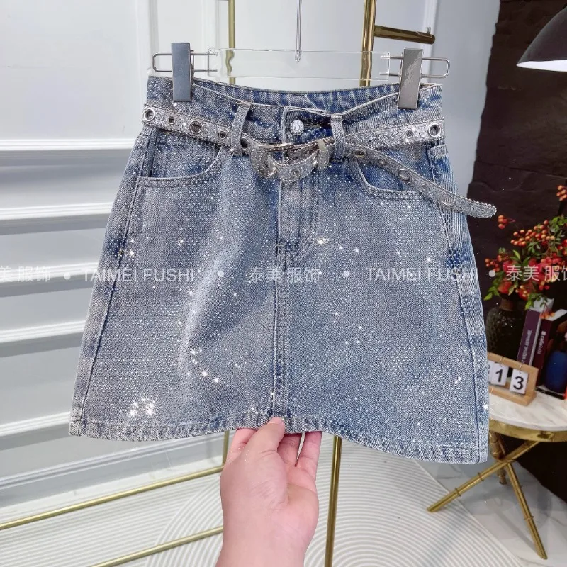 2024 New Full Diamond Denim Skirt Sheath Slim Fit Self-Built Safety Pants High Waist Skirt Women's Clothes Y2k Jeans Mini Skirts