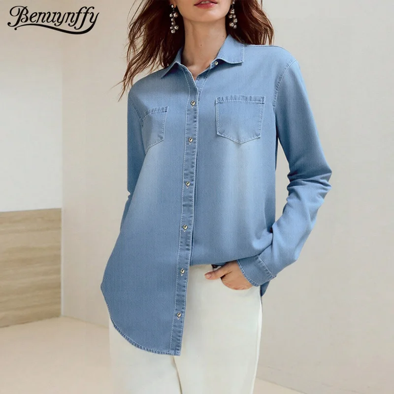

Benuynffy, винтажная однобортная джинсовая рубашка, женская мода, осень 2022, повседневные свободные блузки с длинными рукавами и карманами, топы
