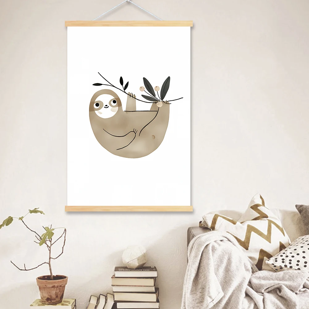 Boho Animals Elephant Giraffe Bear Sloth Rabbit Wood Hanging Scroll Painting Wall Art Canvas Painting Pictures Kids Room Decor