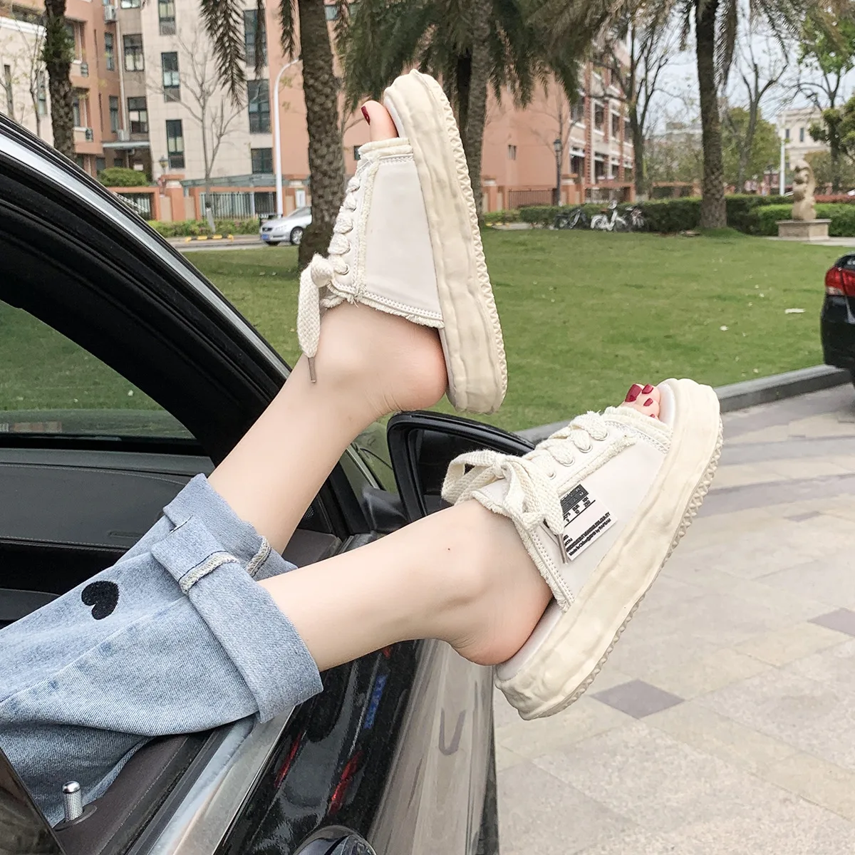 Women\'s Shoes Fish Mouth Cool Half Slippers Women\'s 2023 Summer New Wear Thick Soles Fashionable Satin Casual Canvas Slippers