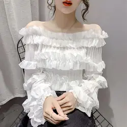 New Spring Summer  Fashion Sexy Off Shoulder Ruffle Elegant Chic Sweet Blouse Top Women Black White Slim Long Sleeve Shirts