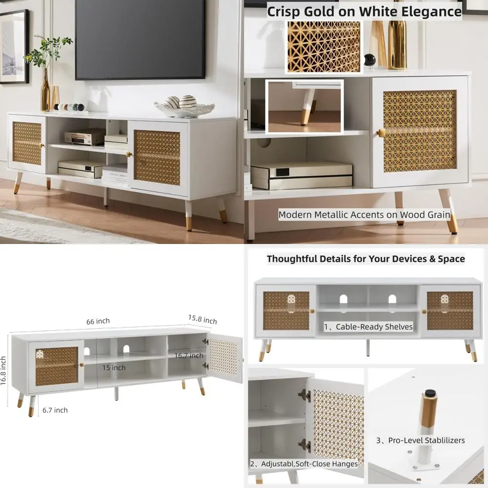 حامل تلفزيون أبيض حديث لغرفة المعيشة - مركز ترفيهي مع مساحة تخزين، وحدة تحكم وسائط على طراز بوهو مخدد #1