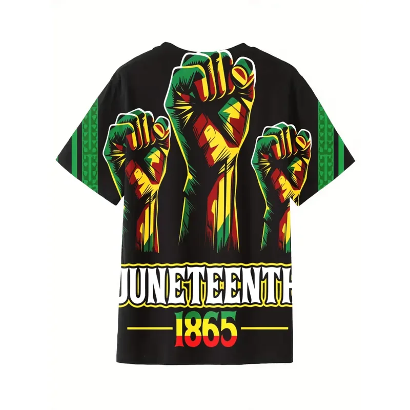 2026 Men's Juneteenth-themed graphic T-shirt featuring a bold raised fist design in red yellow and green with 'Juneteenth