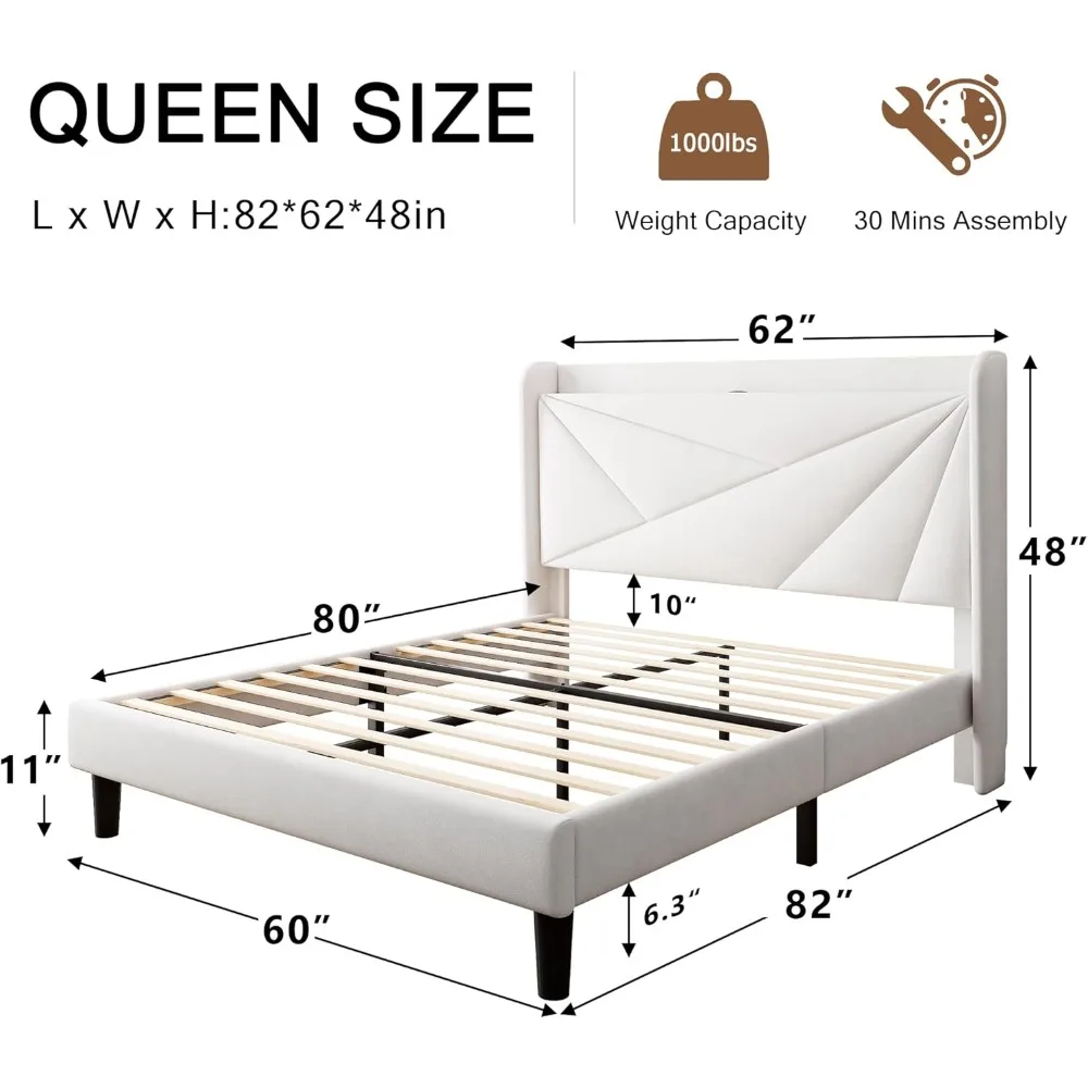 إطار سرير بحجم كوين مع لوح رأسي منجد، ومحطة تخزين وشحن، ودعم شريحة خشبية #2