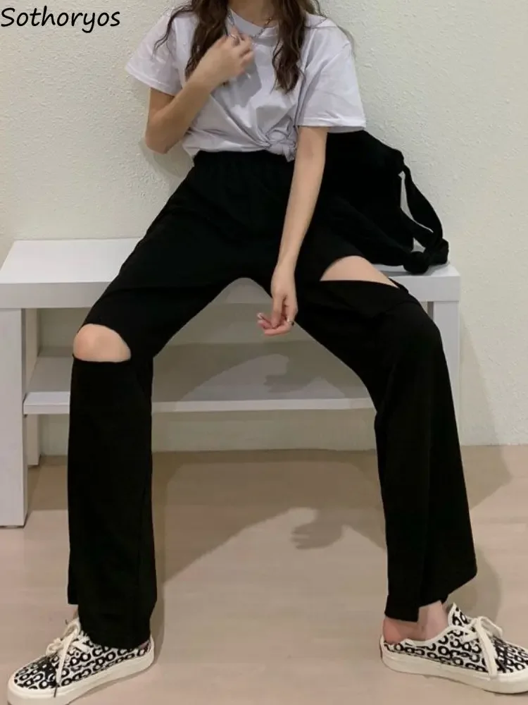 S-4XL Pants Women Fashion Hole Simple Loose All-match Casual Designed Wide Leg Korean Style High Waist Summer Thin Elegant Retro