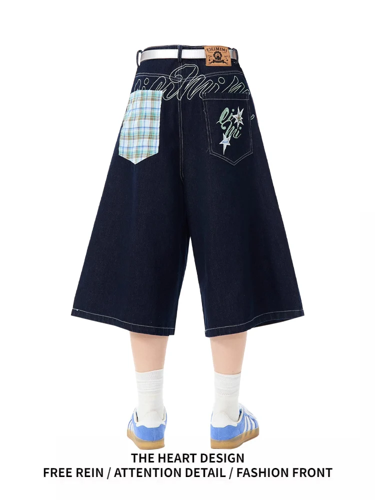 

Джинсовые орты в стиле ретро American Ba с буквенным принтом, женские летние новые дизайнерские свободные прямые брюки семи четвертей с высокой талией и широкой...