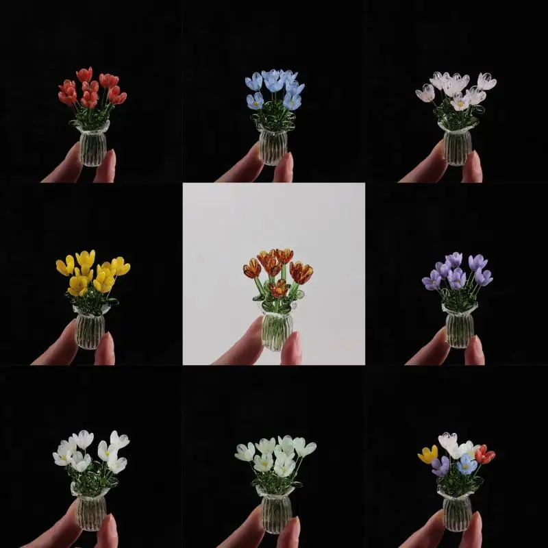 【1Set Mini Lifelike Glass Vase With 5/7Pcs Simulation Flowers Handcrafted Floral Sculpture Floral Bouquet Home Decor Vase Gift】