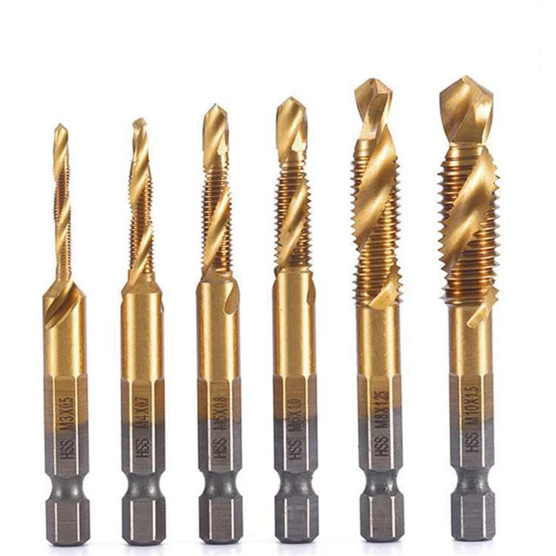 6 stücke Tap Titan Überzogene Sechskantschaft Bohrer Bits HSS Schraube Gewinde Verbindung Metrische Taping Schraube Verbindung Werkzeug M3-M10 Hand werkzeuge