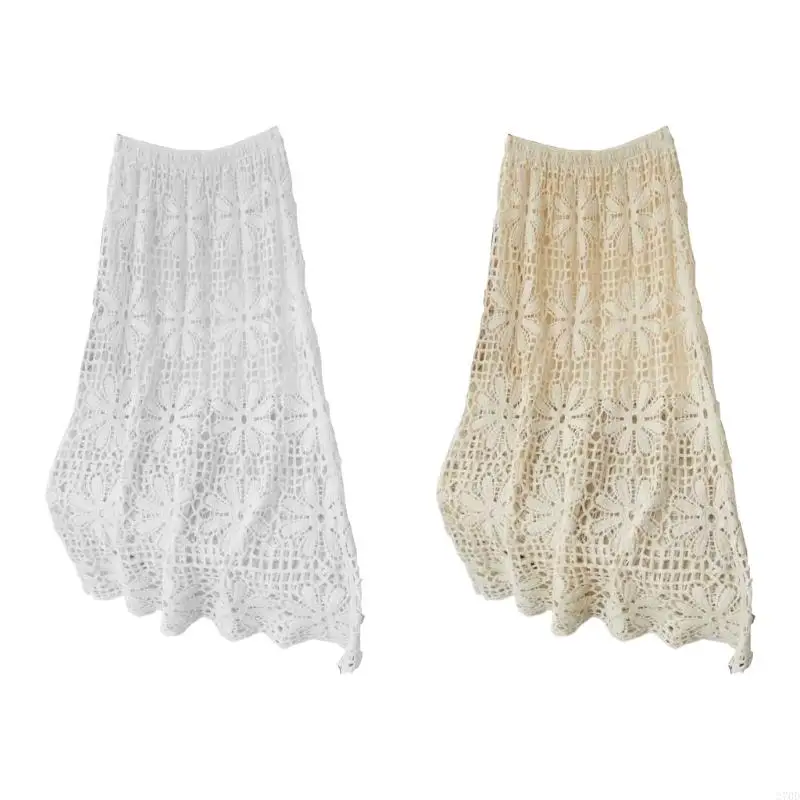 Summer Long Skirt Women Bohemian Crochet Lace Knit High Waist A-Line Maxi Skirt