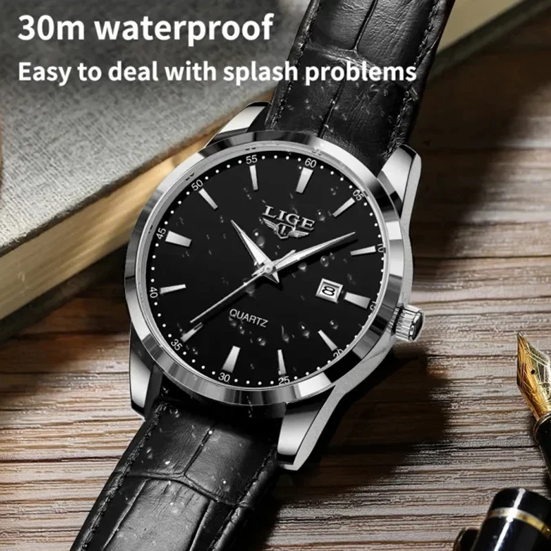 Relogios Masculino LIGE Top Brand Luxury Black Leather Watch For Men Fashion Military Sports Waterproof Men's Quartz Wristwatch