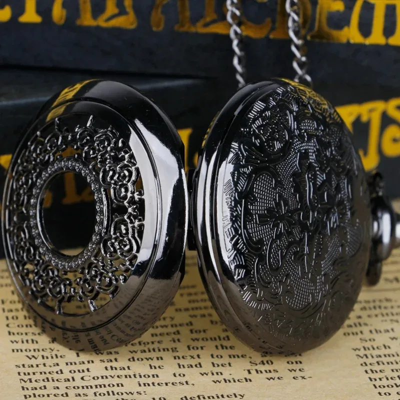 블랙 할로우 쿼츠 주머니 시계 레트로 디지털 펜던트 목걸이 체인 시계 쥬얼리 여성을위한 독특한 시계 선물 남성