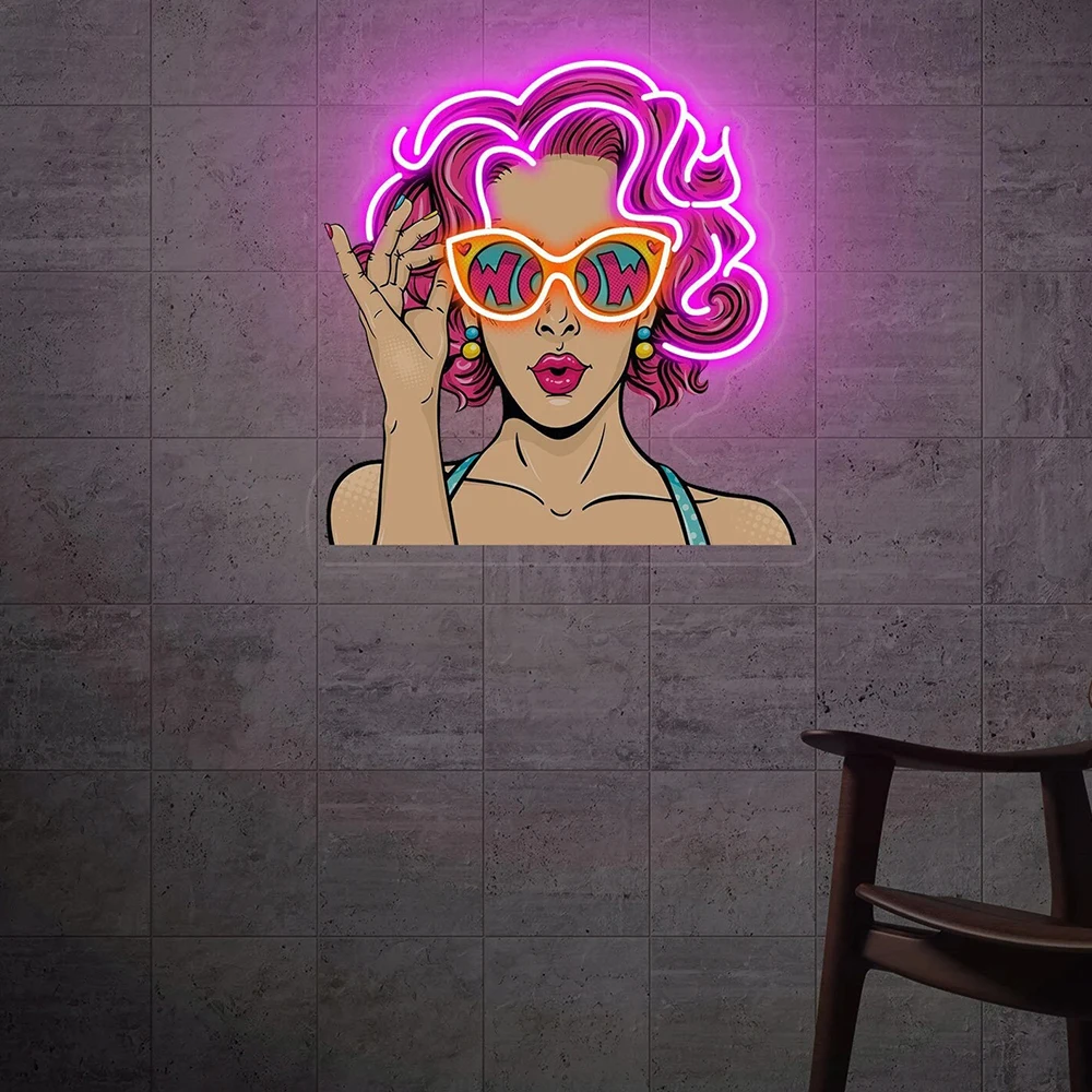 UV Print Acrylic Led Neon Sign Wow Lady Neon Light Living Room Bedroom Decoration Sign Home Bar Wall Decor Woman Face Night Lamp