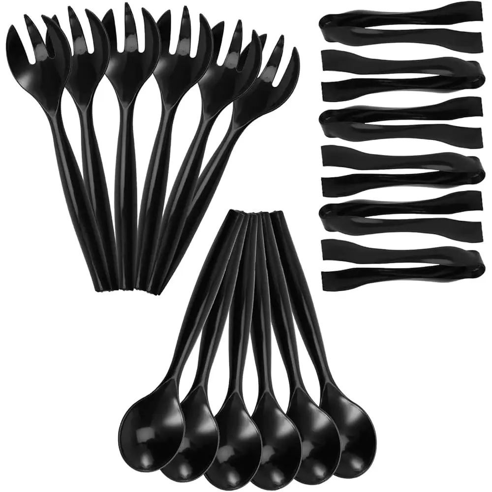 

Heavy Duty Disposable Plastic Serving Utensils, Three Spoons, Forks, And Tongs, For Buffet Set Trays Food Warmers For Parties &