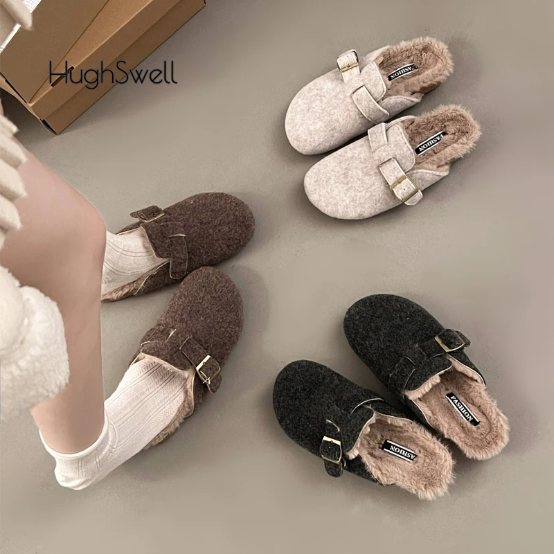 

Luxury Fur Mule Clogs Shoes Woman Closed Toe Soft Cork Slide Slippers Outdoor Ladies Winter Warm Plush Fleece Felt Birken Sandal